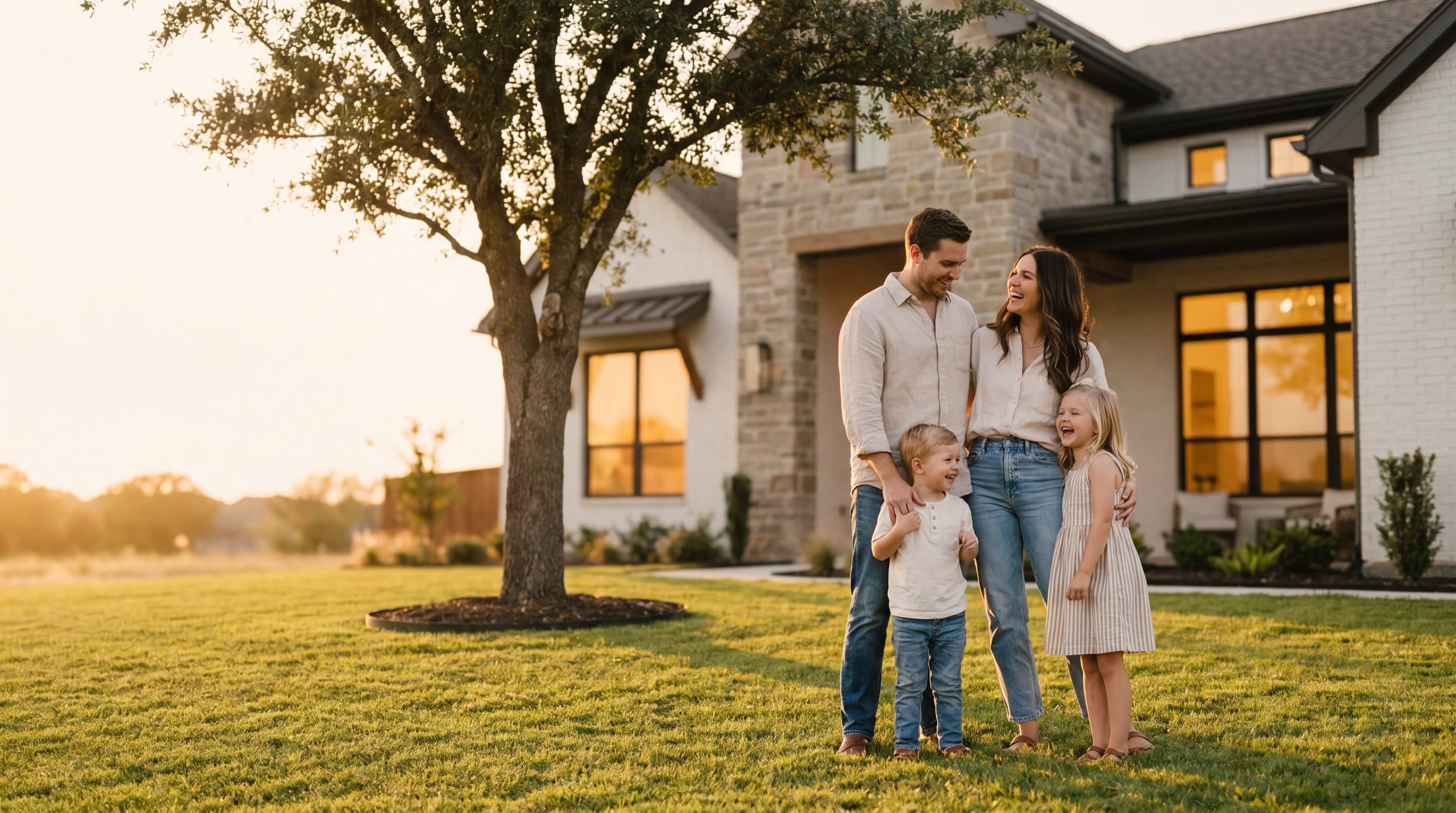 A Texas family in the front yard of their new home at golden hour